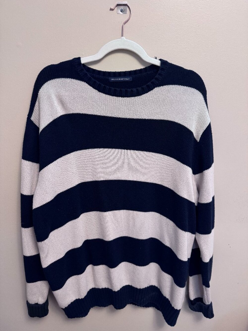 Brandy Melville Women's Oversized Navy & White Striped Knit Sweater